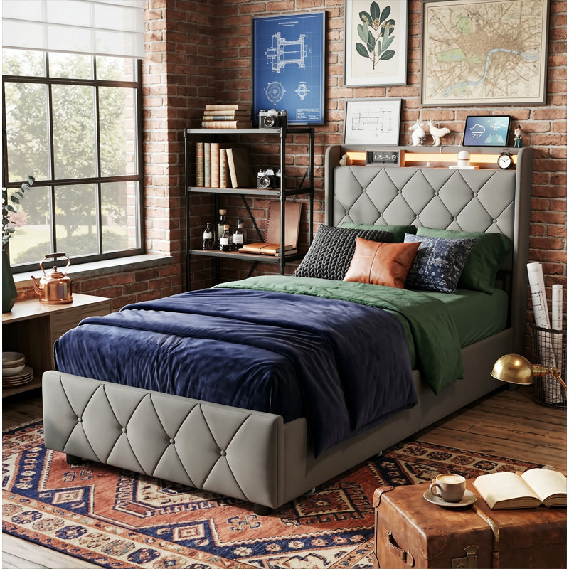 Smart Velvet Bed Frame with LED Charging Headboard, Tufted Upholstered Frame with Storage Drawers, Grey/Beige in Multiple Size (EU Single, Double & King)