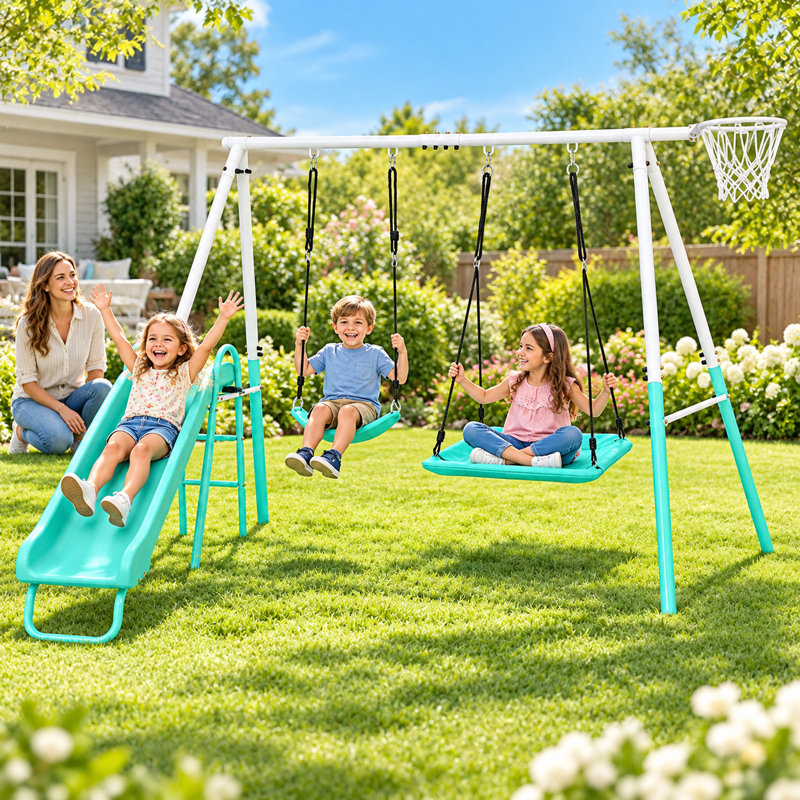 Ensemble de balançoire 4 en 1 pour enfants avec glissoire, plateforme, balançoire à ceinture et panier de basketball