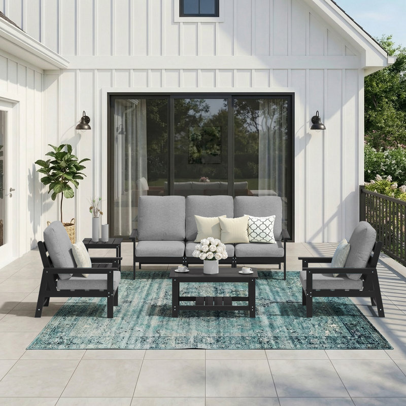 Outdoor patio 5-Person modular Sofa Conversation Seating Group with Cushions, Gray, Black