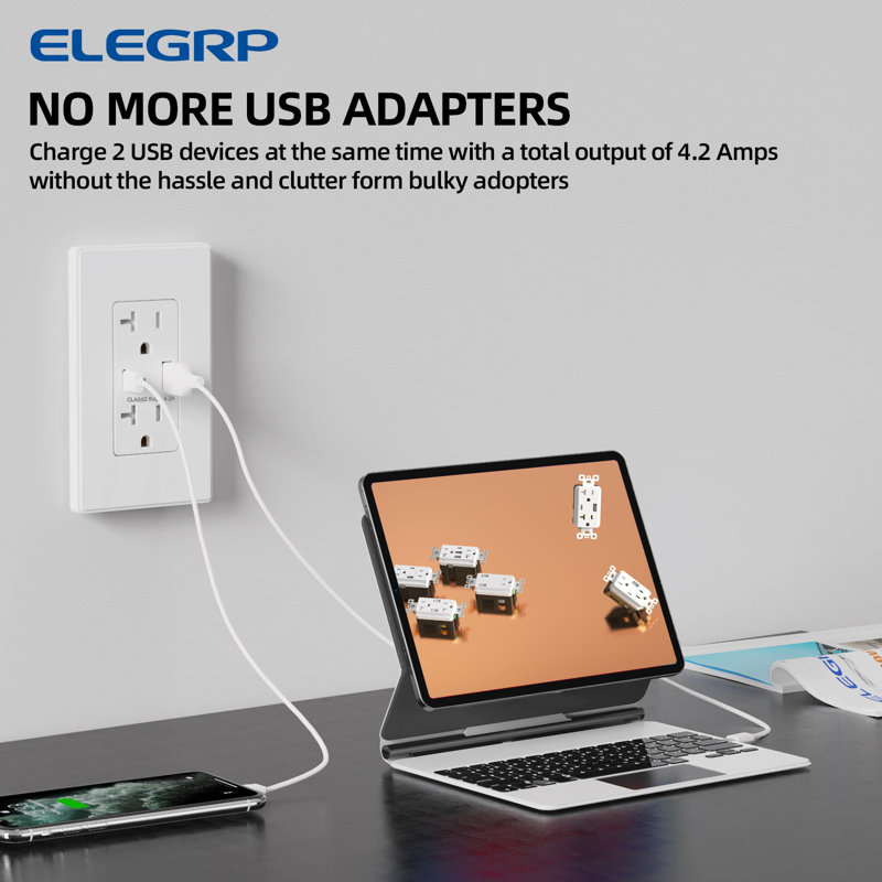 20-Amp USB Tamper Resistant Duplex Outlet, White, 2