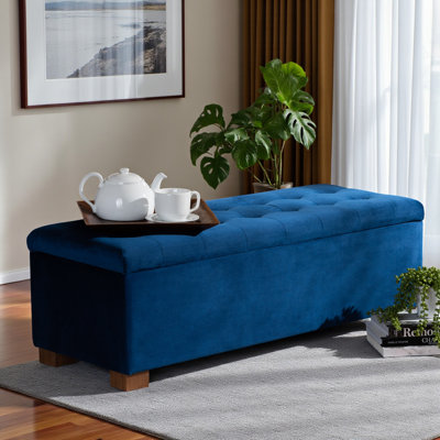 Zeller Upholstered Storage Ottoman Bench in Navy Blue Velvet Fabric