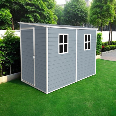 Remise de rangement extérieure en résine 8 pi x 4 pi avec plancher, portes verrouillables, deux fenêtres, résistante aux intempéries, résistante aux rayons UV, facile à installer pour le patio, la cour et la pelouse