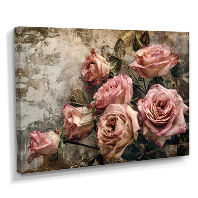 «Pink Rose Vintage Grunge - Roses», reproduction d'art sur toile encadrée