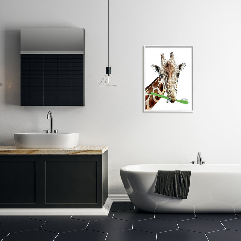 Girafe, brosse à dents verte, salle de bain sur bois par Annalisa Latella, impression, H 24 po x l 30 po x P 1,5 po