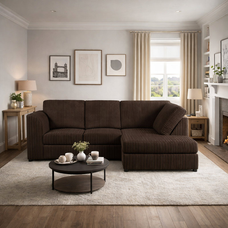 4 Seater Corduroy Corner Sofa , Right Hand Facing, Brown