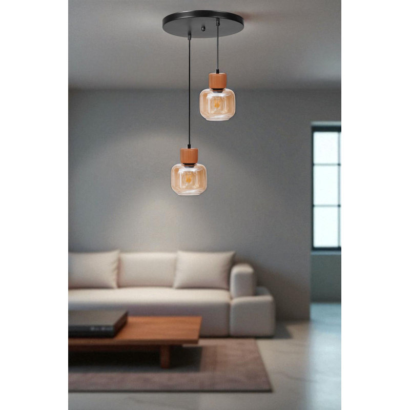 Lustre, 2 niveaux, Deux lumières, Miel / chêne / noir