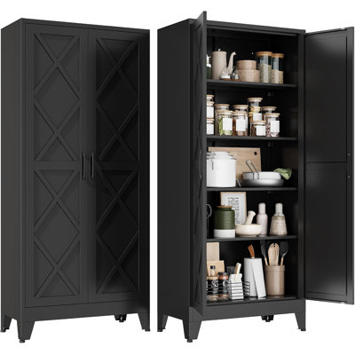 71"H Black Pantry Kitchen Cabinet with Doors,Black Storage Cabinets,Freestanding Pantry Cabinet,Farmhouse Food Storage Cabinets,Tall and Large Pantry