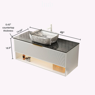 Meuble-lavabo MALONE de 122 cm (48 po) avec lavabo, rangement suspendu, tiroirs rayés, éclairage DEL à détecteur de mouvement, lavabo imitation marbre et comptoir en pierre frittée