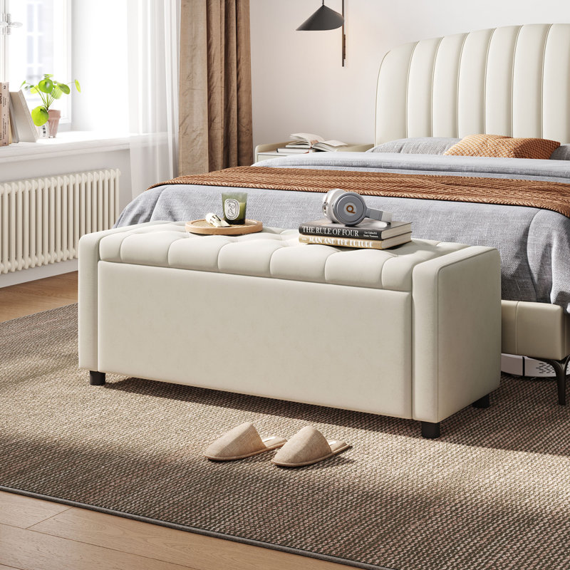 Velvet Upholstered Tufted Storage Bench, Mila Beige Velvet