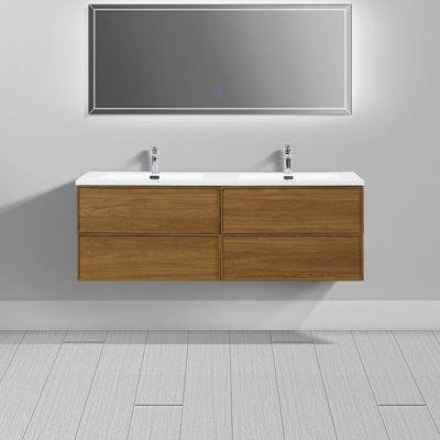 Meuble-lavabo flottant 4 tiroirs Lucille l 60 po x P 21 po en noyer doré miel avec double lavabo et plateau blanc