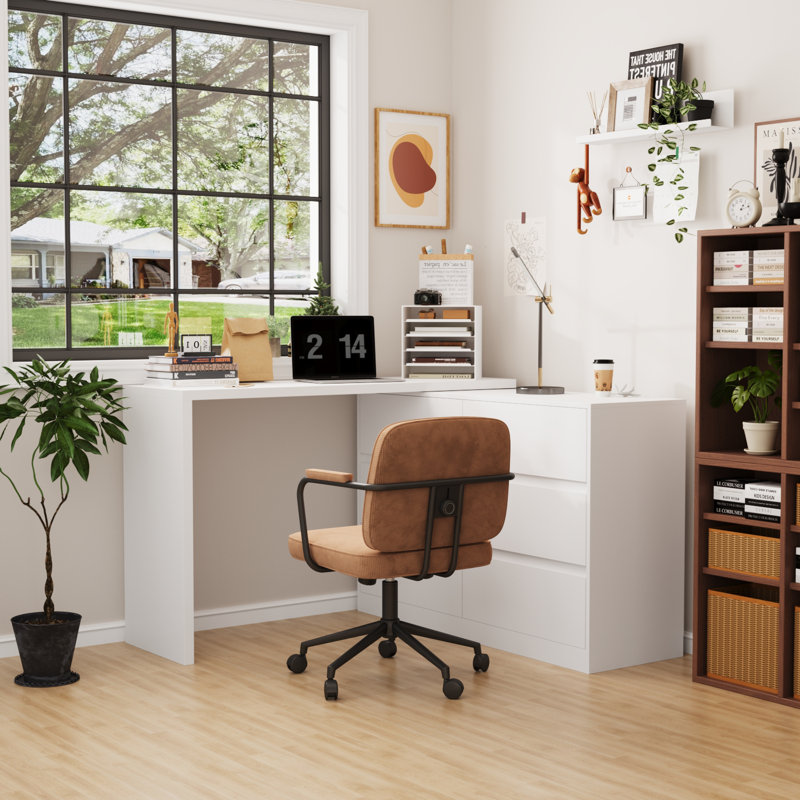 130cm Reversible L-Shaped Corner Desk, 6 Drawers, Home Office & Vanity Desk, White