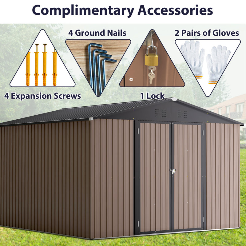10' x 10' Brown Metal Garden Storage Shed with Double Doors