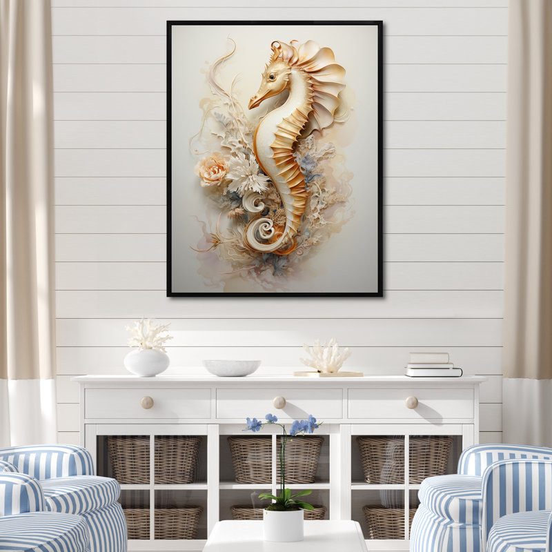 Hippocampe magique beige sur toile, H 32 po x l 16 po x P 1 po, Cadre flottant noir