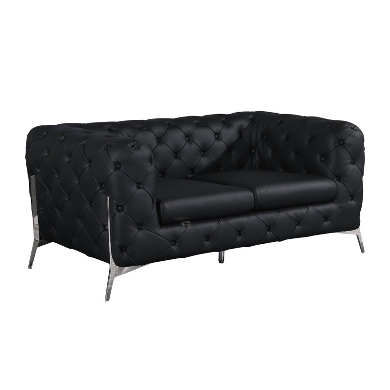Ehrika Top Grain Italian Leather Loveseat, Silver, Black