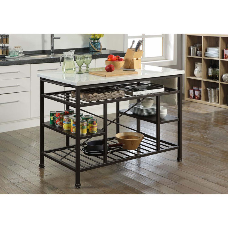 Lanzo Kitchen Island, Marble Top & Gunmetal Finish, Gunmetal