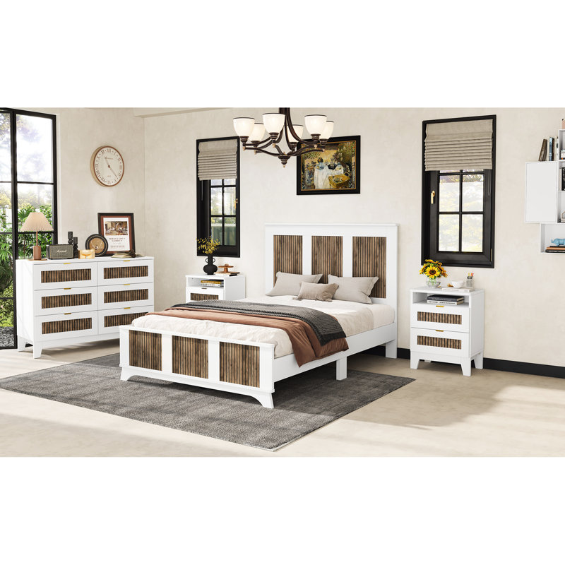 Lit plateforme en bois blanc, lit double, support de lattes en contreplaqué, capacité de charge maximale de 600 lb, blanc, pour et charmante bande décorative