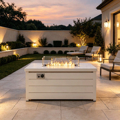 18.9" H x 46.8" W Rectangular Metal Propane Outdoor Fire Pit Table with Glass Wind Guard, Glass Rocks and Lid , Patio Gas Fire Table with Stainless Steel Burner for Backyard, Garden, Deck