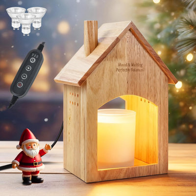 Bougie chauffe-lampe avec minuterie, lumière chauffante électrique pour bougies en pot, lampes chauffantes rustiques à intensité variable, cire fond, décor douillet (maison en bois)