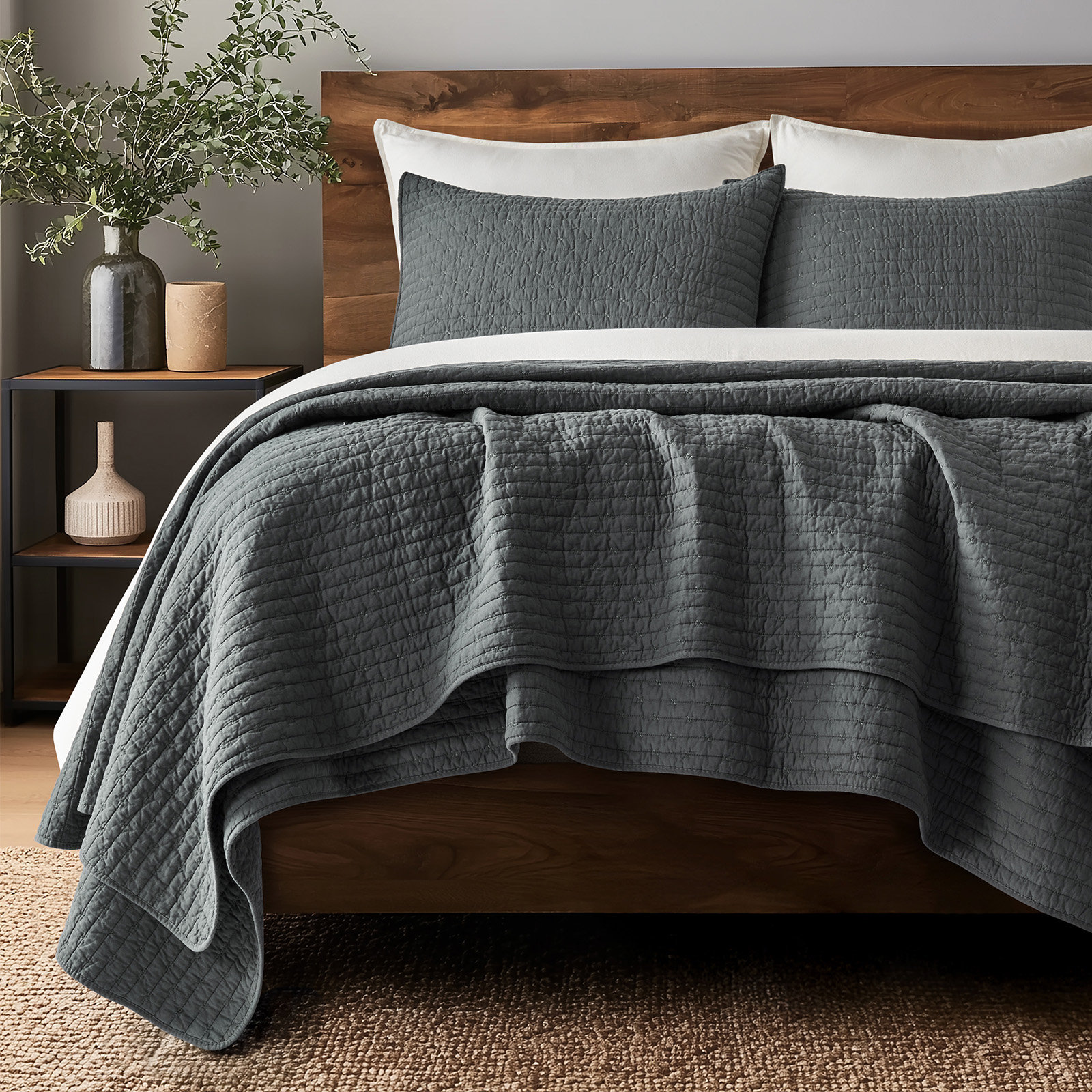 Cross Stitch Cotton Quilt set, King, Charcoal Black