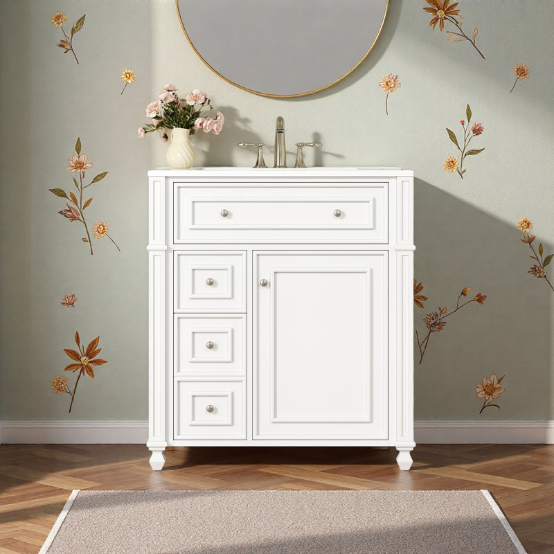 Meuble-lavabo de salle de bain avec lavabo en céramique, 30 po, armoire de rangement avec portes à fermeture en douceur et organisateur de porte