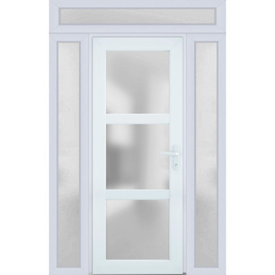 Front Exterior Prehung uPVC Metal-Plastic Door Frosted Glass Manux 8552 White Silk 2 Side and Top Exterior Window Office Commercial and Residential Doors Entrance Patio Garage-W12+36+12 x H80+14-Right-hand Inswing