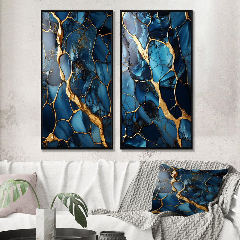 Or et saphir bleu marbre mosaïque IV - ensemble de 2 décorations murales abstraites, H 28 po x l 25 po, Cadre flottant noir