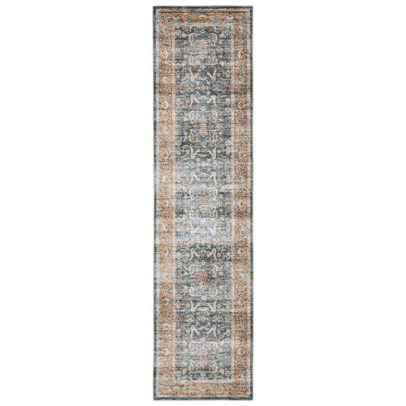Lake Macquarie Machine Washable Performance Non-Skid Blue/Rust Rug Mat, Runner 2' x 8'