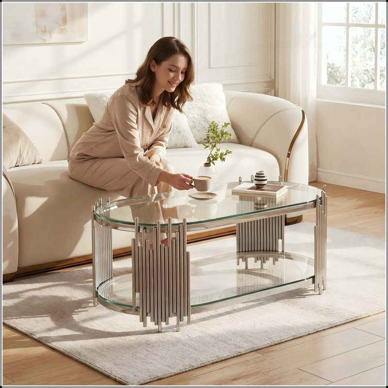 Table basse ovale argentée avec tablettes en verre trempé à 2 niveaux, Clear / Silver