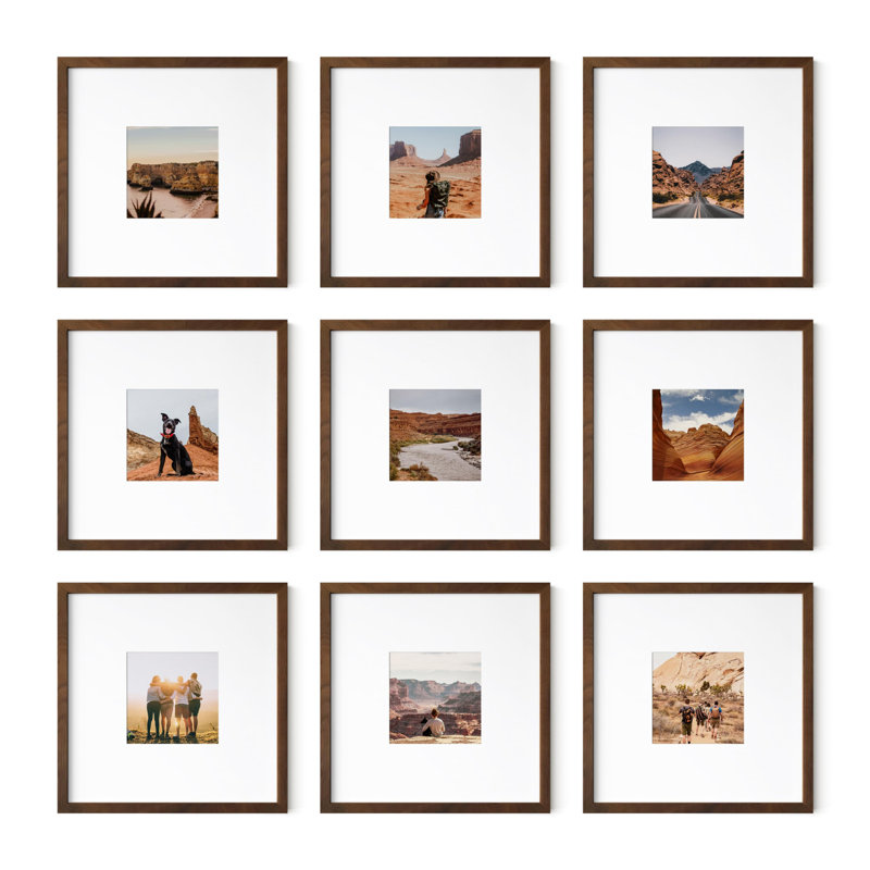 Cadre photo - ensemble de 9, Noyer, 4 po x 4 po, 8 po x 8 po