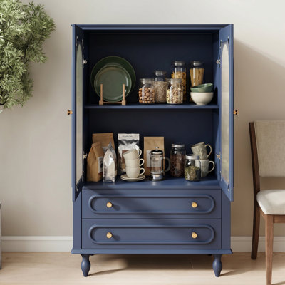 Vitrine en verre 46,5 po avec portes en verre nervuré, vitrine en bois avec 2 tiroirs et tablette réglable, armoire autoportante pour le salon, bleu marine