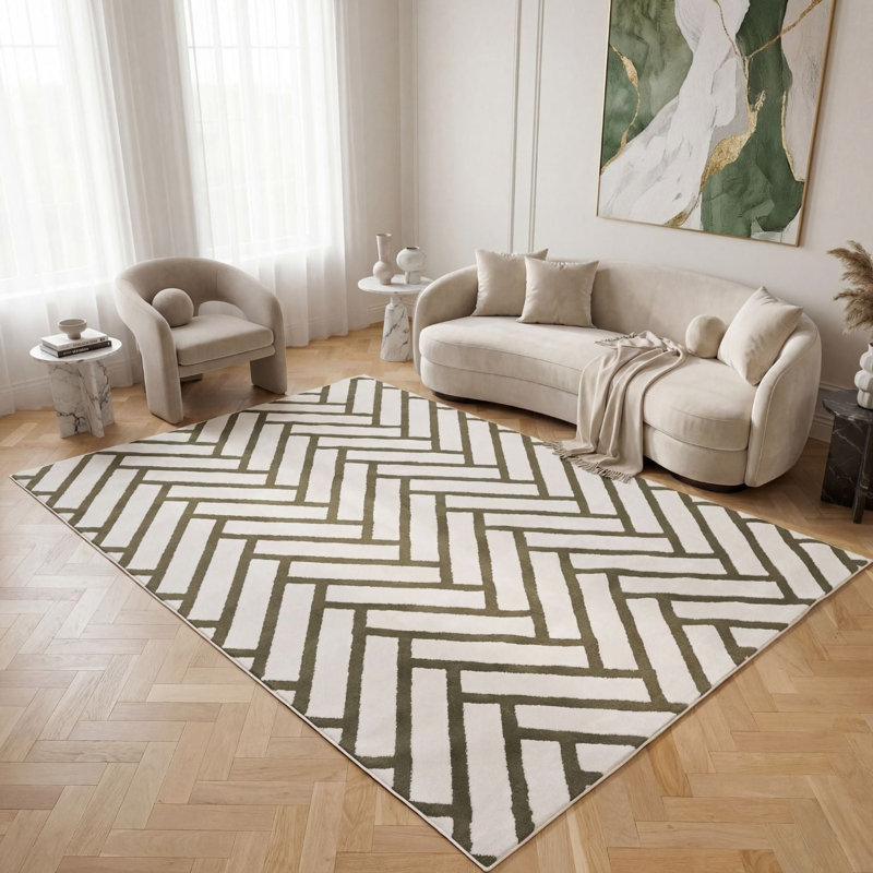 Loft Modern Chevron Living Room Area Rug and Runner Soft Pile, Green/Ivory, Rectangle 240 x 340 cm