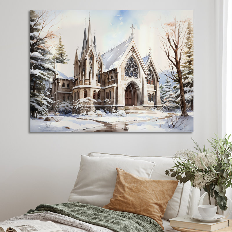 Chapelle de mariage blanche, aquarelle d'hiver rustique, Toile tendue, H 12 po x l 20 po x P 1 po