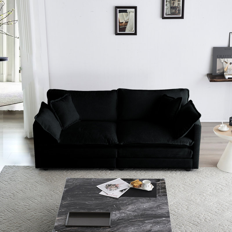 Canapé rembourré à 2 places pour le salon - Housse en chenille noire, structure en bois massif à 4 coussins, tissu, assise relaxante avec tissu de qualité supérieure, endroit de repos confortable