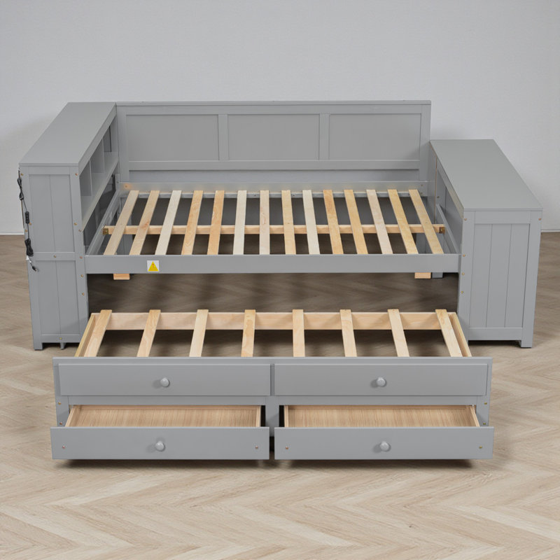 Lit de jour double avec lit gigogne, bureau, station de charge et rangement, Gris