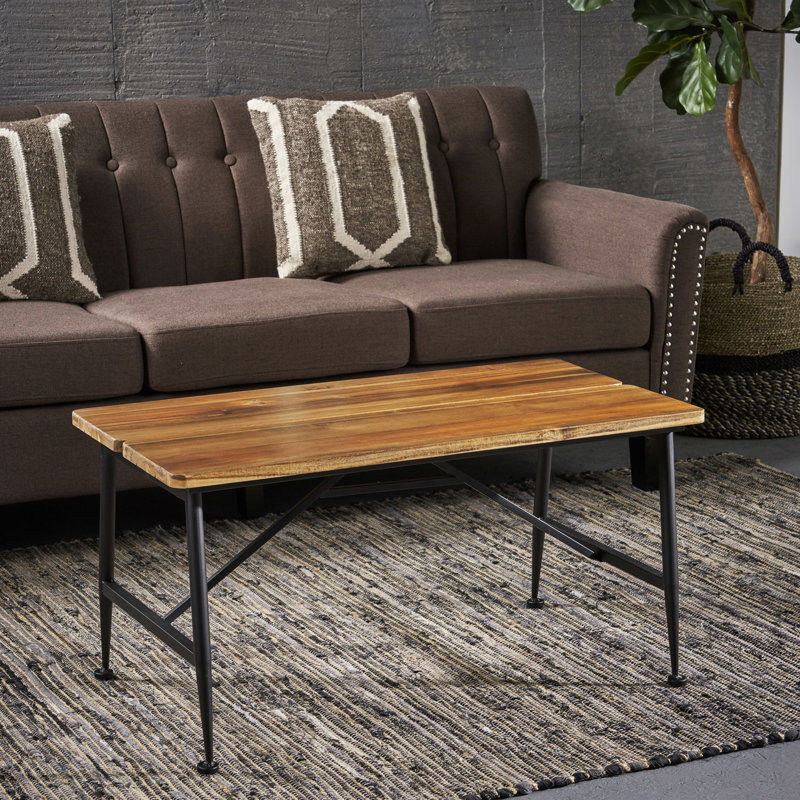 Table basse industrielle pour l'extérieur - Bois avec plateau à effet rétro, structure en métal noir, surface patinée