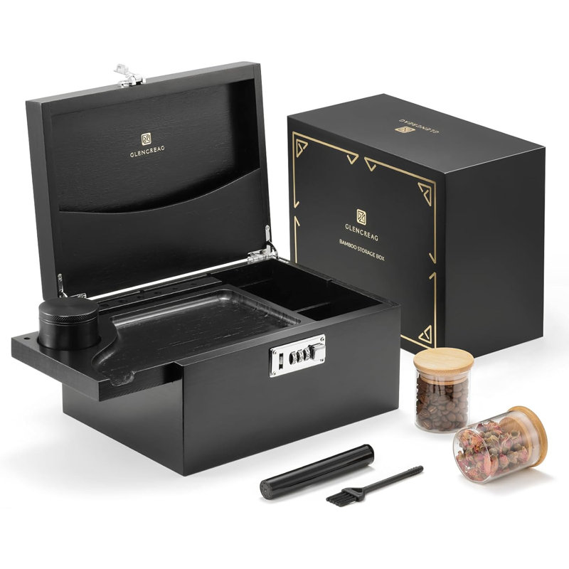 Dakota Fields Stash Box With Rolling Tray, Smell Proof Large Bamboo Storage Box With Lock, Decorative Box Set Includes Glass Jars & Grinder