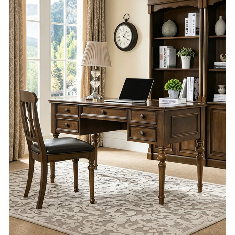 Bureau de direction classique en bois de style campagnard avec pieds tournés, Brun, 30.71" H x 55.12" W x 27.56" D