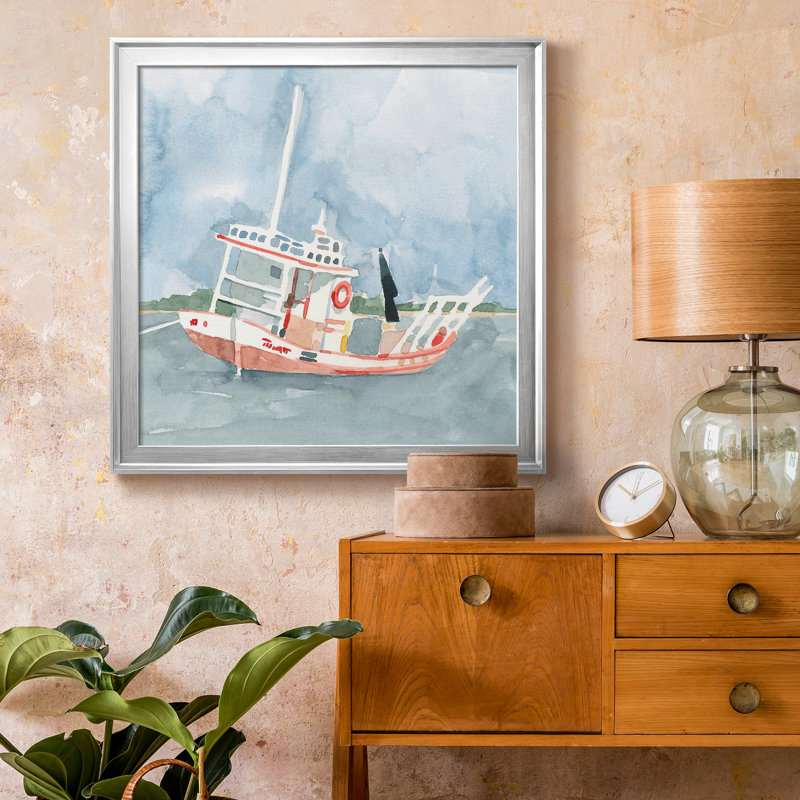 «Bright Fishing Boat II» - Toile encadrée de qualité supérieure - prête à être accrochée, Toile avec cadre argenté