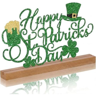 13.78 Inch St Patricks Day Decorations Metal Happy St Patricks Day Irish Shamrock Table Sign Decor With Wooden Base Lucky Clover Leprechaun Centerpiece Gift Decorations For Home Office