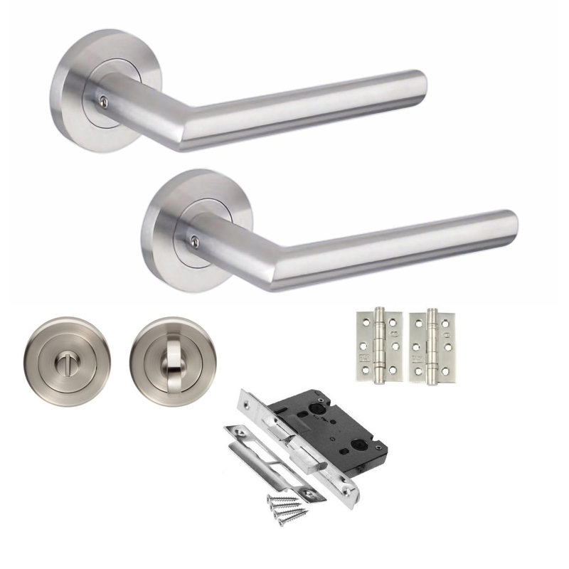  Mitred Design Bathroom WC Toilet Door Handles Set on Round Rose in Satin Nickel Finish with 64mm Bathroom Mortise Lock, 3" Ball Bearing Hinges and Thumbturn