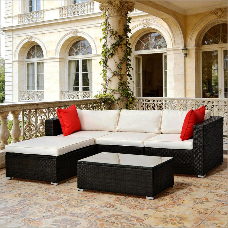 Modern Outdoor Furniture Conversation Sets,5-Piece Patio Furniture Set,Outdoor Sectional Sofa Set, Cream White, Brown