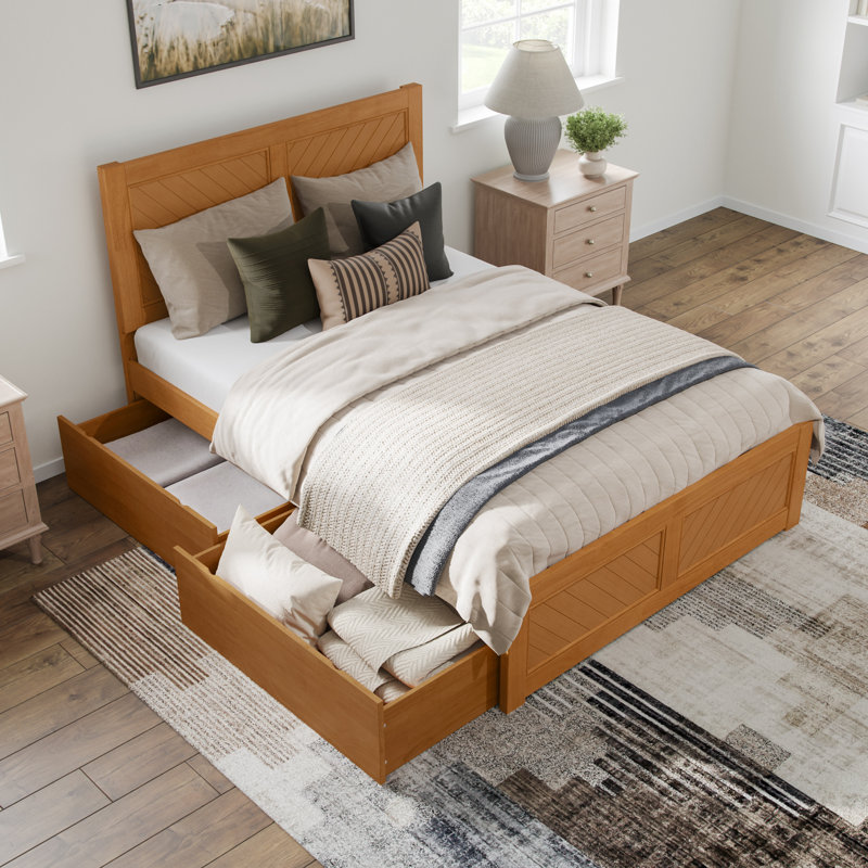 Jeinny Solid Wood Platform Bed with Matching Footboard & Storage Drawers, Full, Light Toffee