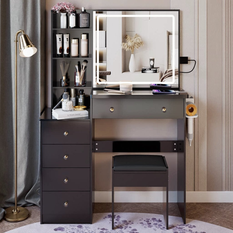 37" Vanity Table with LED Sliding Mirror & Power Station | Left Side Cabinet, Cushioned Stool, 2 AC + 2 USB Ports, Hair Dryer Stand | Tri‑Color Touch Control Makeup Dressing Set