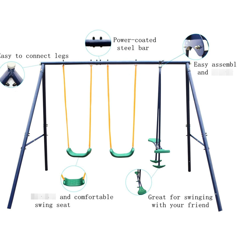 Balançoire d'extérieur avec balançoire pour 3 à 8 ans, structure en acier, assemblage rapide, assise confortable en forme de U, balançoire à l'épreuve des intempéries, 4 balançoires de style banc, bleu, structure en métal de 85,33 po de largeur, structure robuste en A