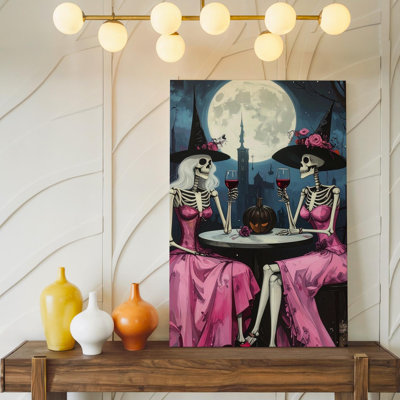 Moonlit Skeleton Witches Pink Dress Halloween Wine Art Wall Art Canvas Ready To Hang Gallery Wrapped Home Decor Modern Design Decor