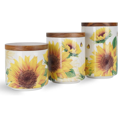Ensemble de 3 pots en céramique tournesol avec couvercles en bambou