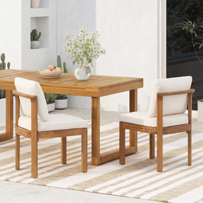 Acacia Wood Outdoor Armless Dining Chair with Cushion (Set of 2)