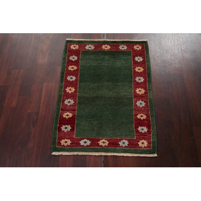 Tapis vert en laine noué à la main de conception unique 2 pi 0 po x 2 pi 10 po Lifthrasir
