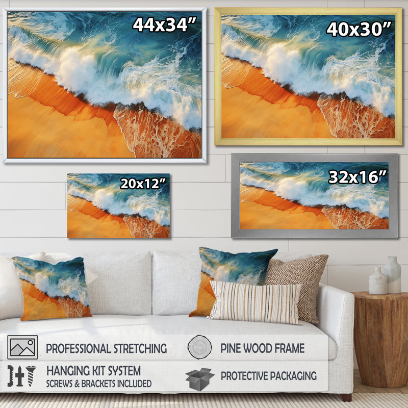 Bleu et orange, vue aérienne rétro de plage II - art mural plage, Toile tendue, H 16 po x l 32 po x P 1 po
