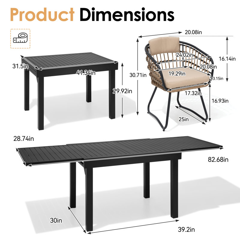 6 - Person Aluminum Extendable Outdoor Dining Set with Removable Cushions, Beige, 6